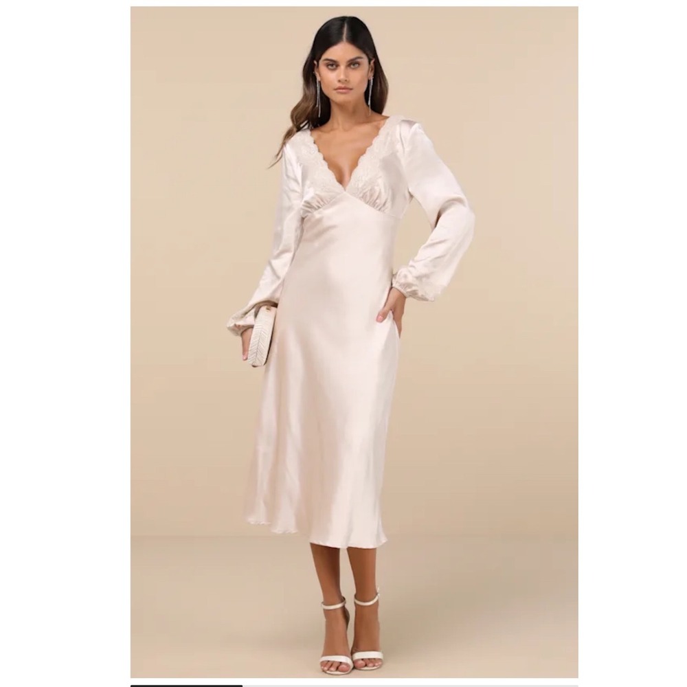 Lulus Illustrious Elegance Champagne Satin Long Sleeve Midi Dress Size Medium